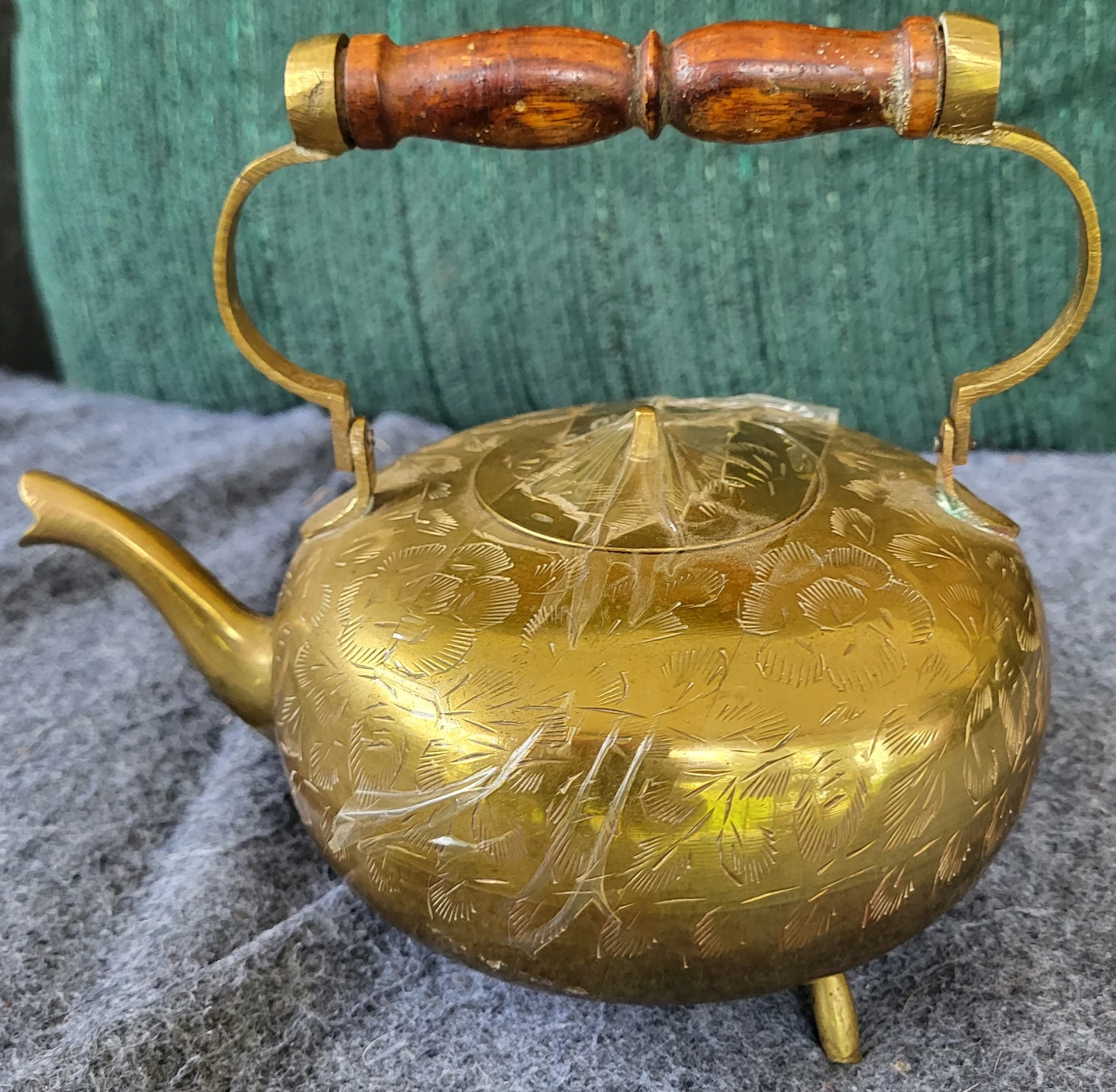 Brass Teapot with Wooden Handle and Floral Engravings