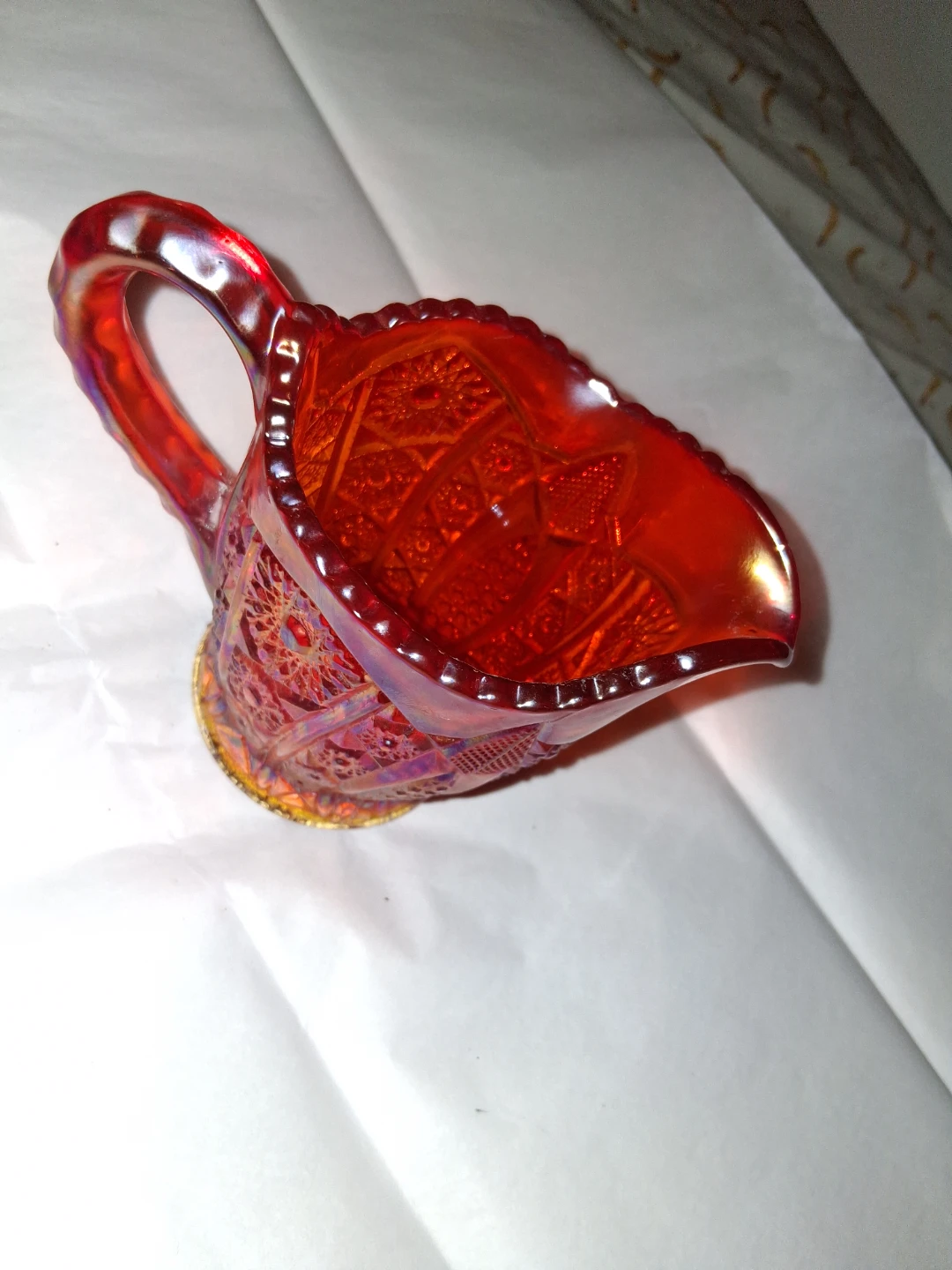 Red Carnival Glass Pitcher cup peachy color