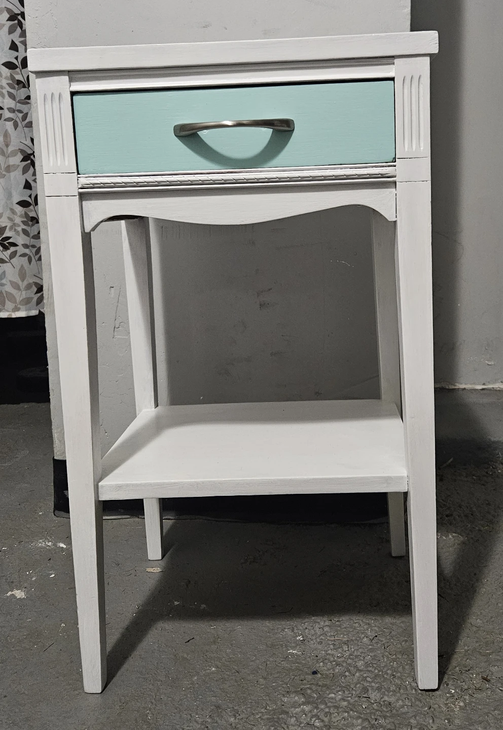 White Accent Table with Aqua Drawer