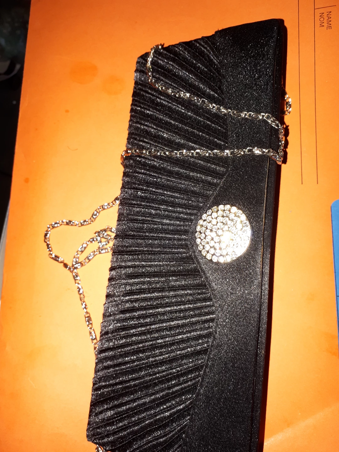 Black Pleated Clutch with Rhinestone Accent