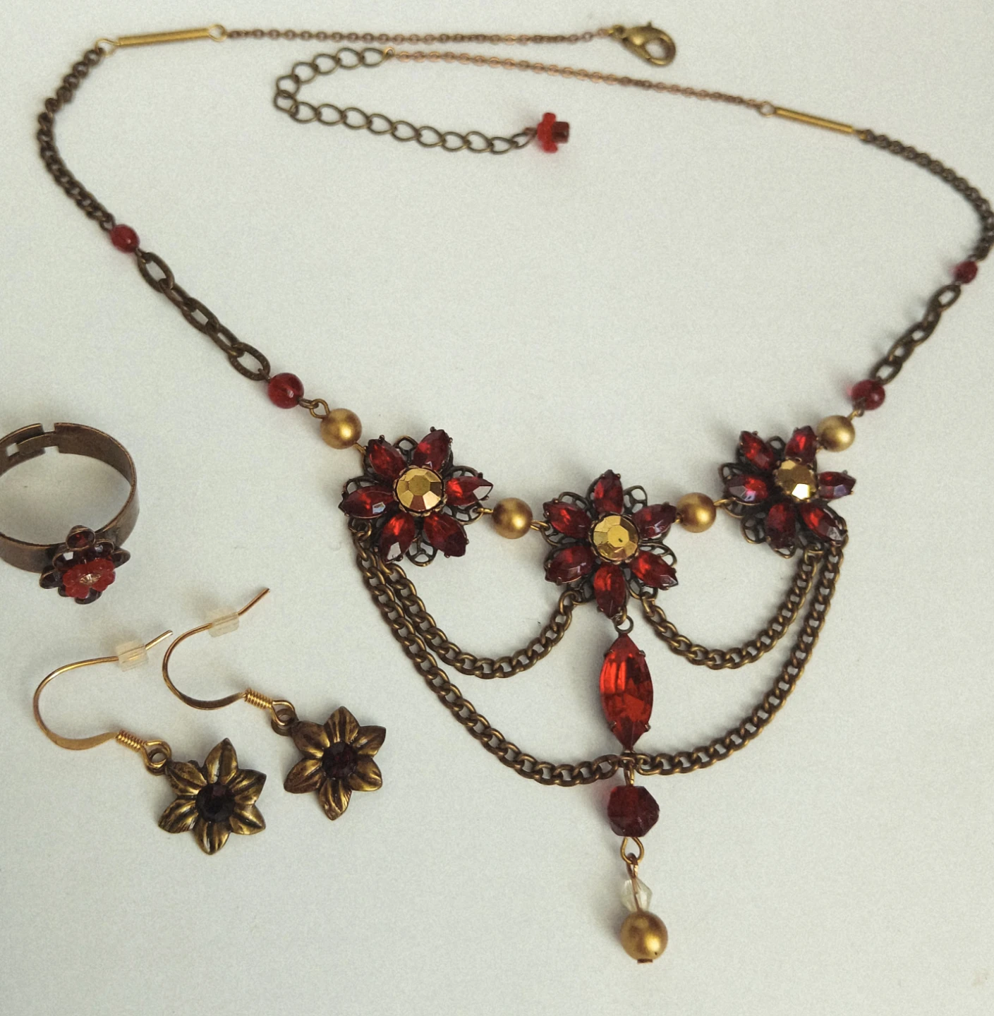Red Stone Flower Necklace, Ring, and Earring Set - photo 3