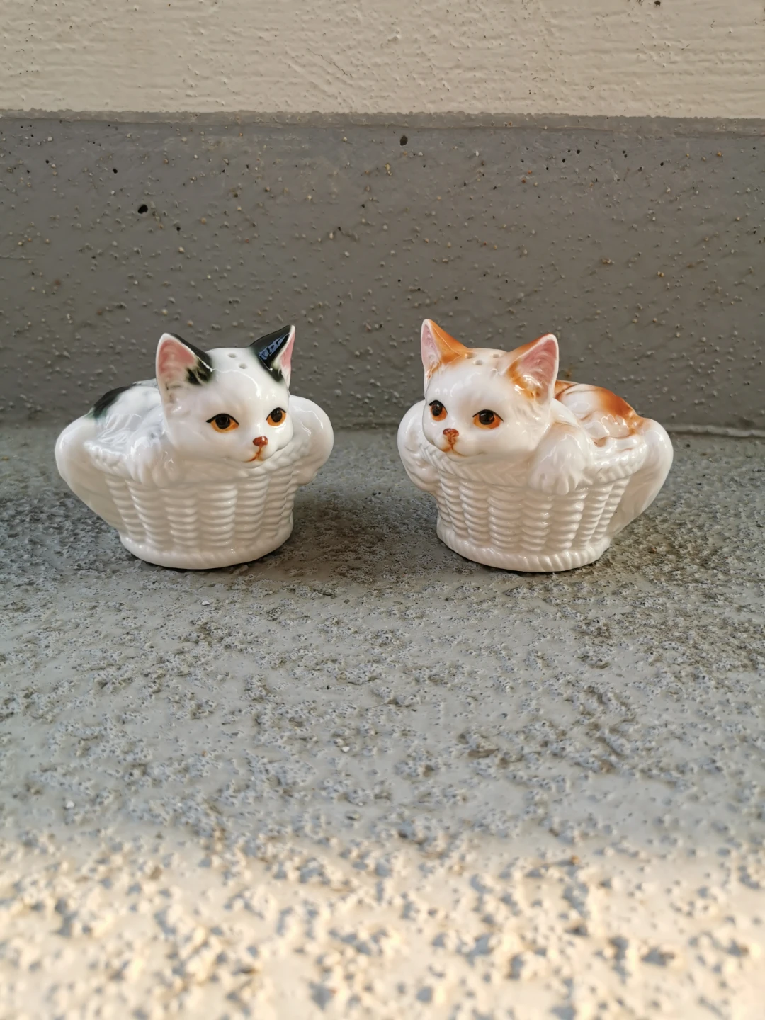Vintage Bone China Cats in Baskets Salt & Pepper Shakers Set