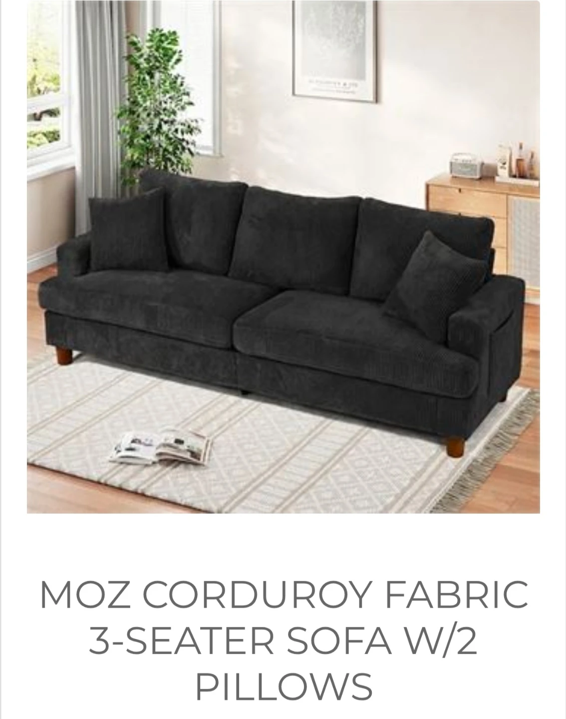 MOZ Corduroy Fabric 3-Seater Sofa w/ 2 Pillows