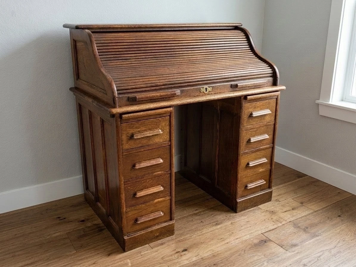 Compact Vintage Solid Wood Roll-Top Desk (42" W x 26" D x 44" H)