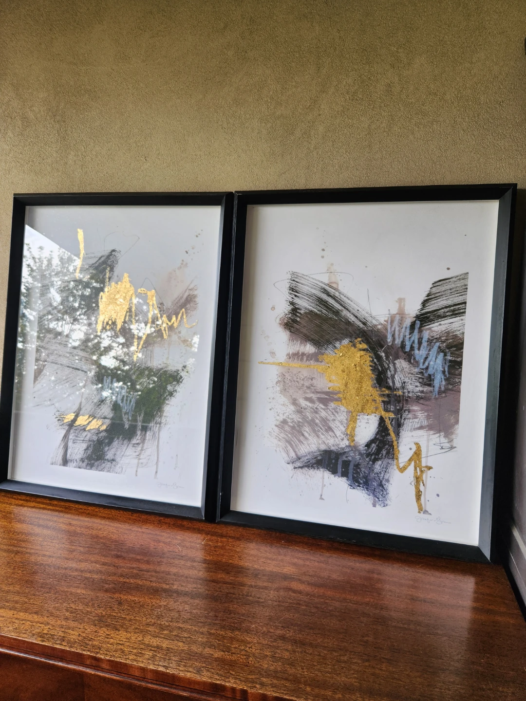 Set of 2 Abstract Framed Art Prints Gold Black Blue