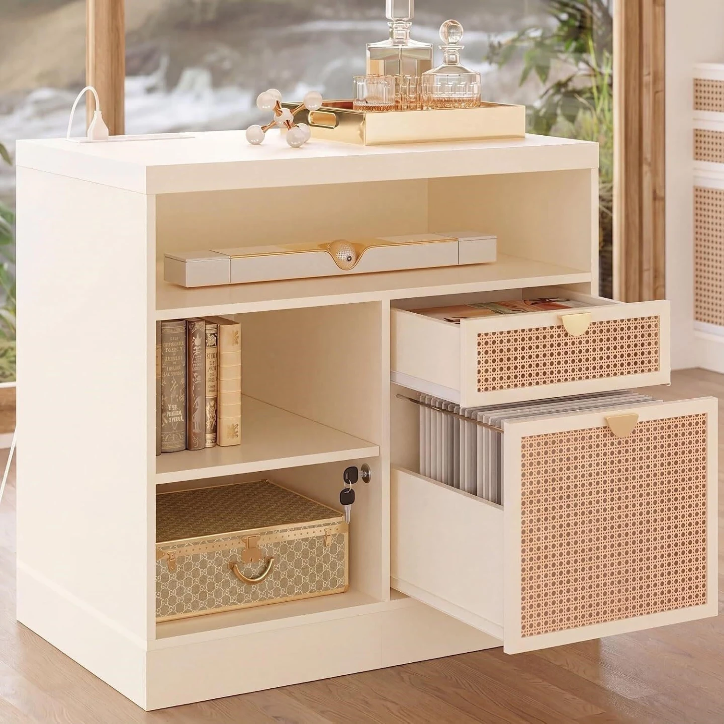 White Storage Cabinet with Rattan Drawers - photo 2