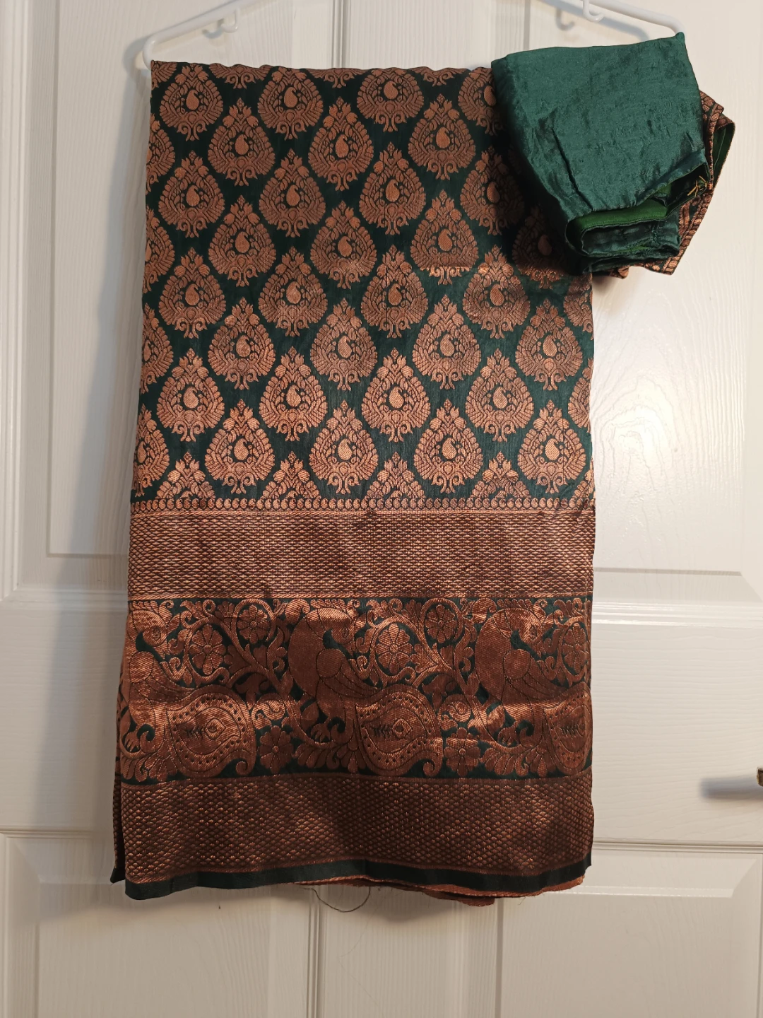 Green and Bronze Patterned Saree with 34 size Ready made blouse