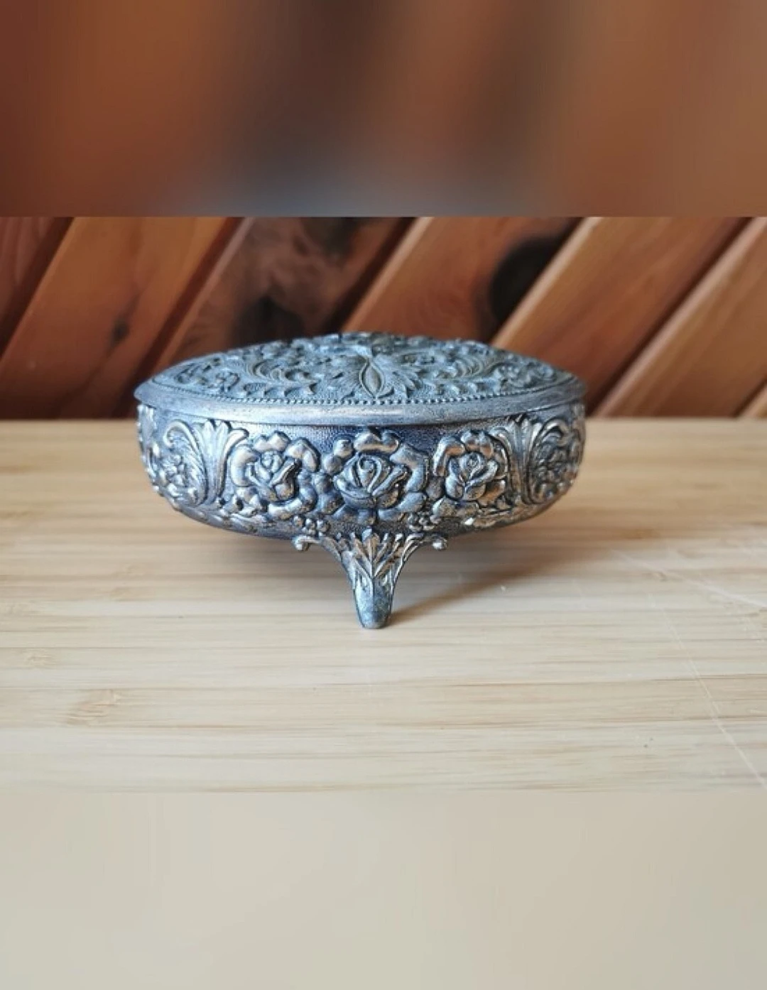 Vintage Silver Plated Floral Red Velvet Lined Trinket Box - photo 3