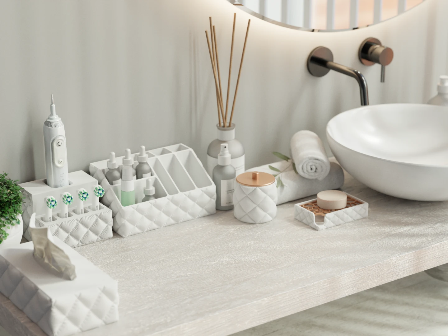 White Quilted six piece vanity set