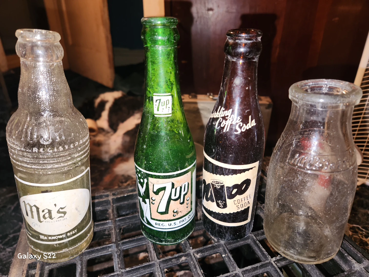 Vintage Soda Bottles: 7UP, Ma's, Coffee Soda, Milk Bottle