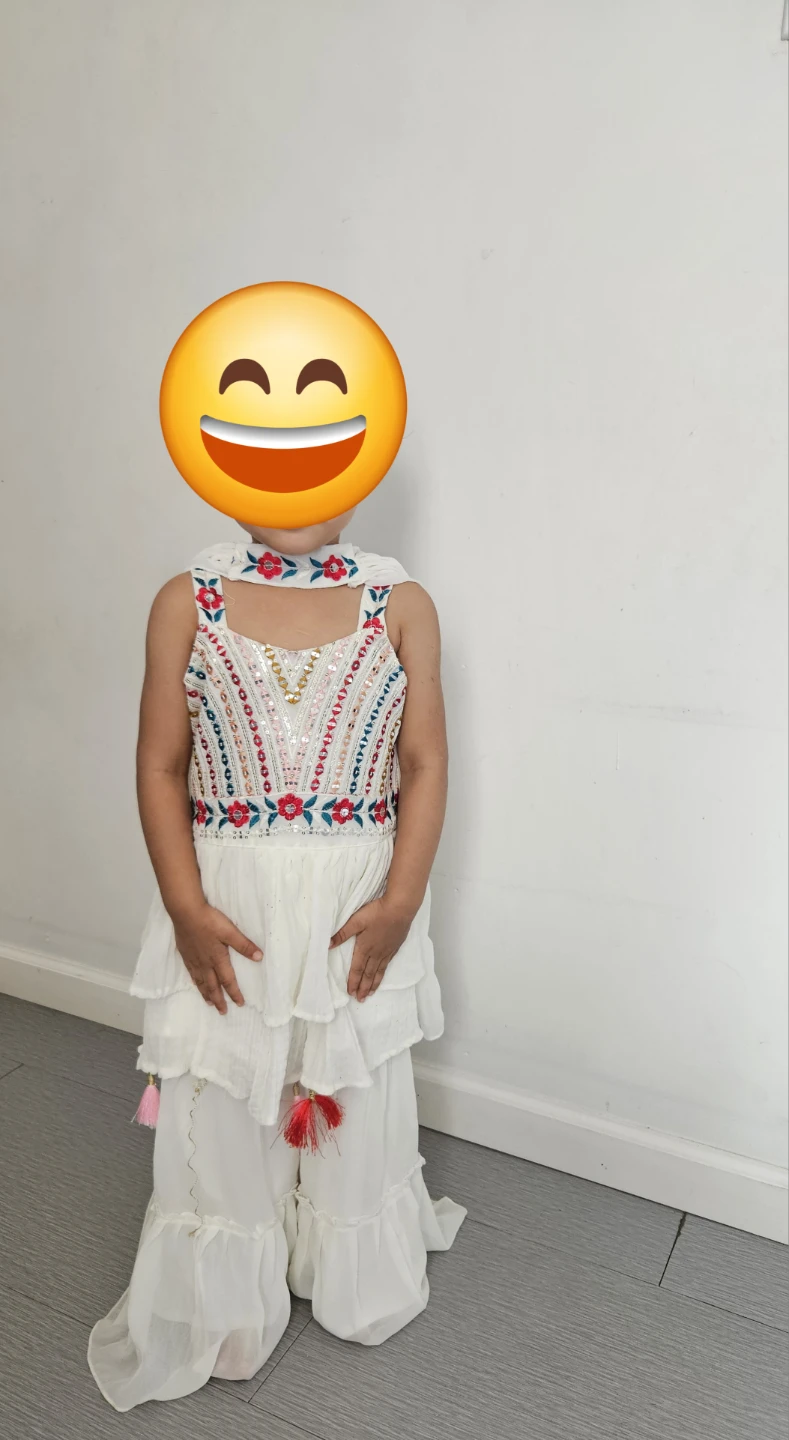 Girl White Embroidered Ruffled Dress with Scarf and pant