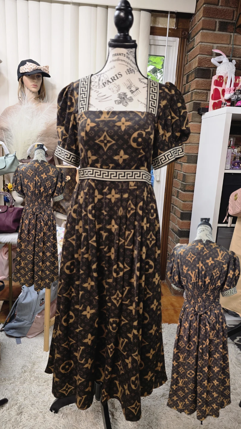 Brown Monogram Print Midi Dress