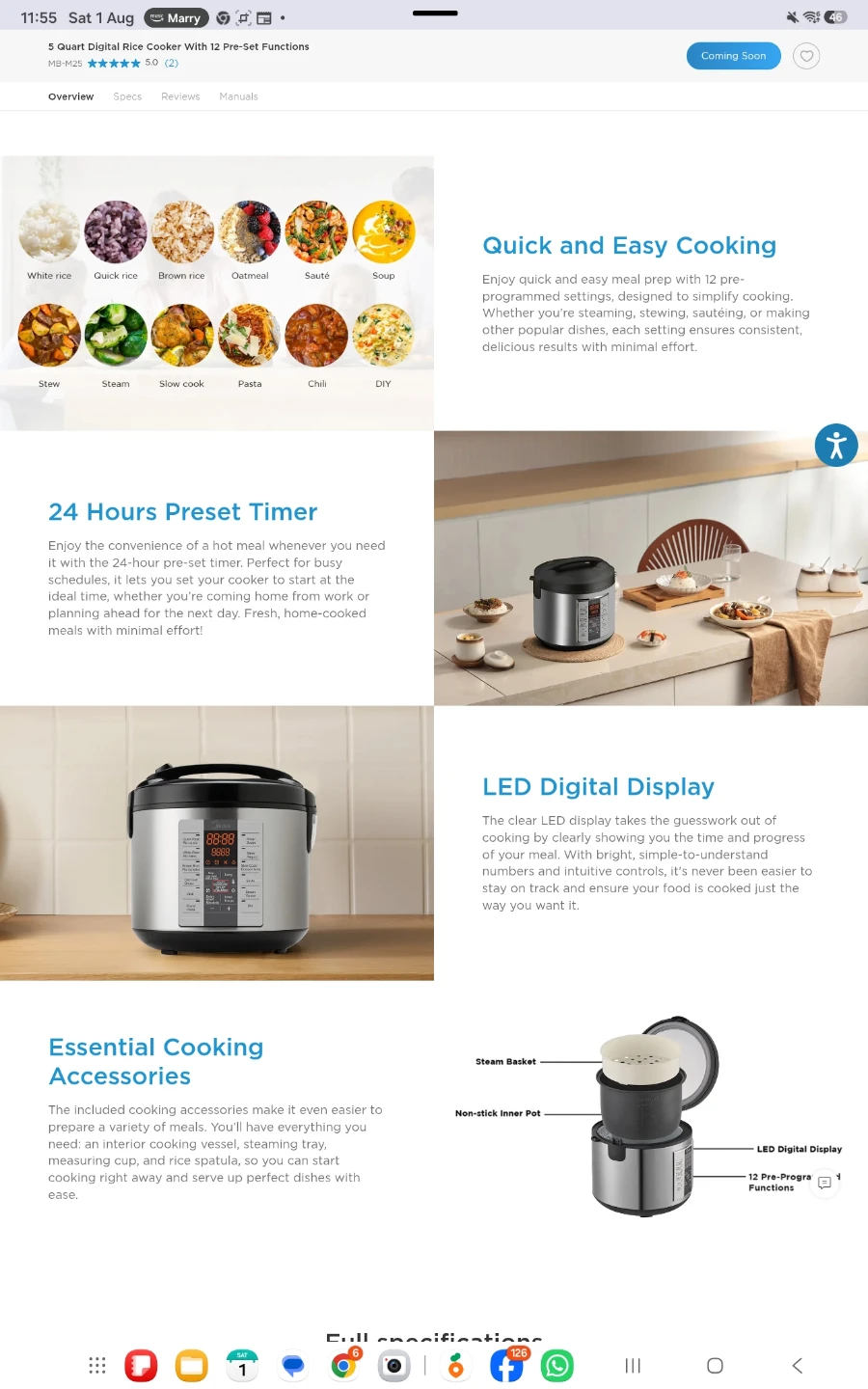 5 Quart Digital Rice Cooker With 12 Pre-Set Functions MB-M25. - photo 2