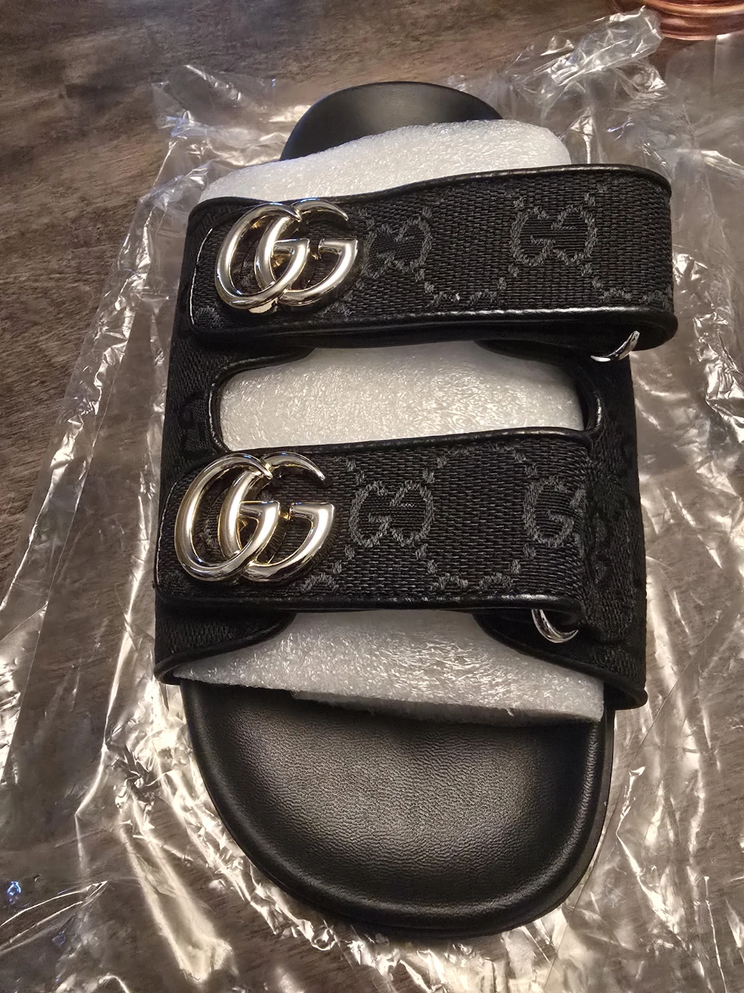 Gucci Black GG Monogram Slide Sandals