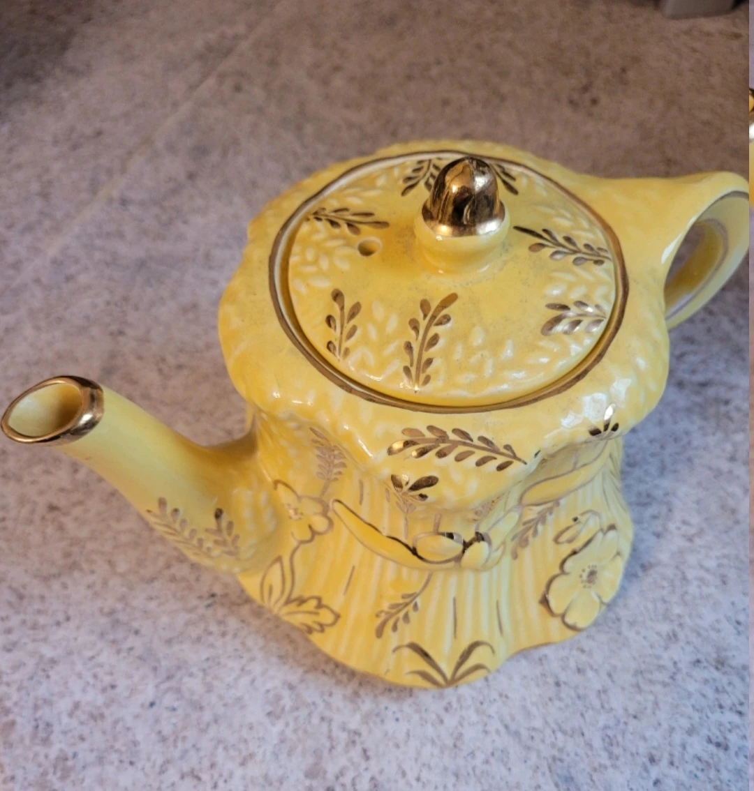 Yellow Teapot with Gold Floral Accents