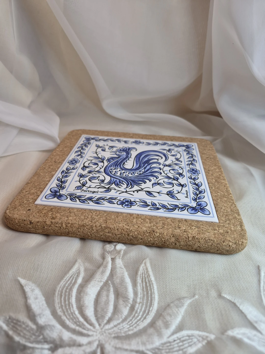 7 3/4" Square Cork Ceramic Trivet Blue Rooster- Portugal - photo 5
