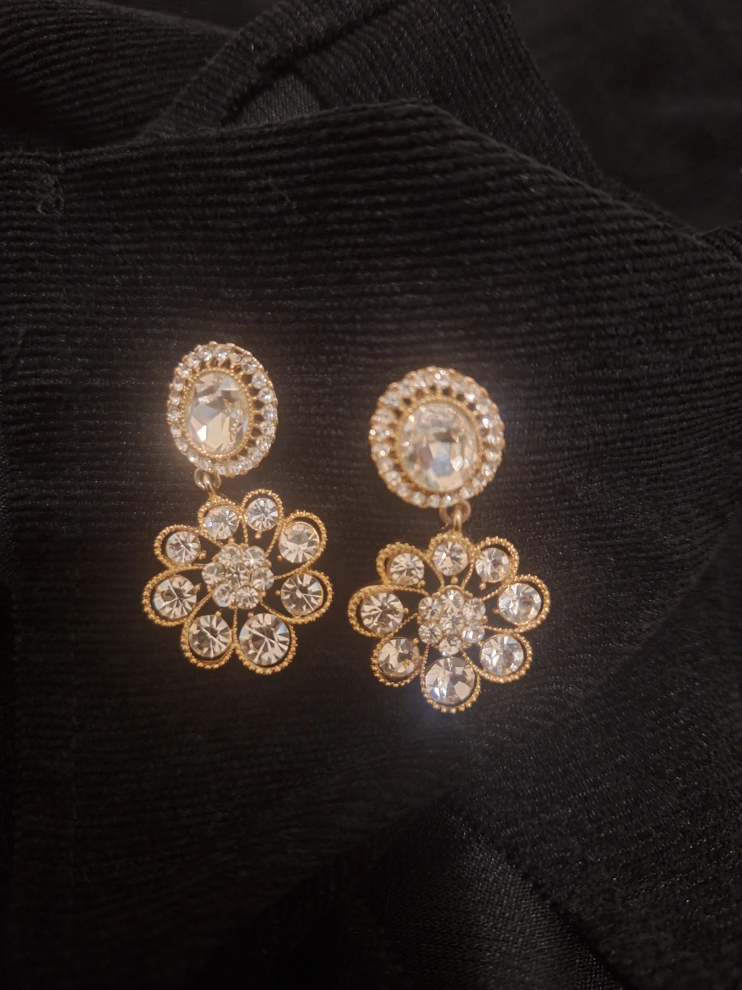 Gold Flower Earrings with Clear Gems