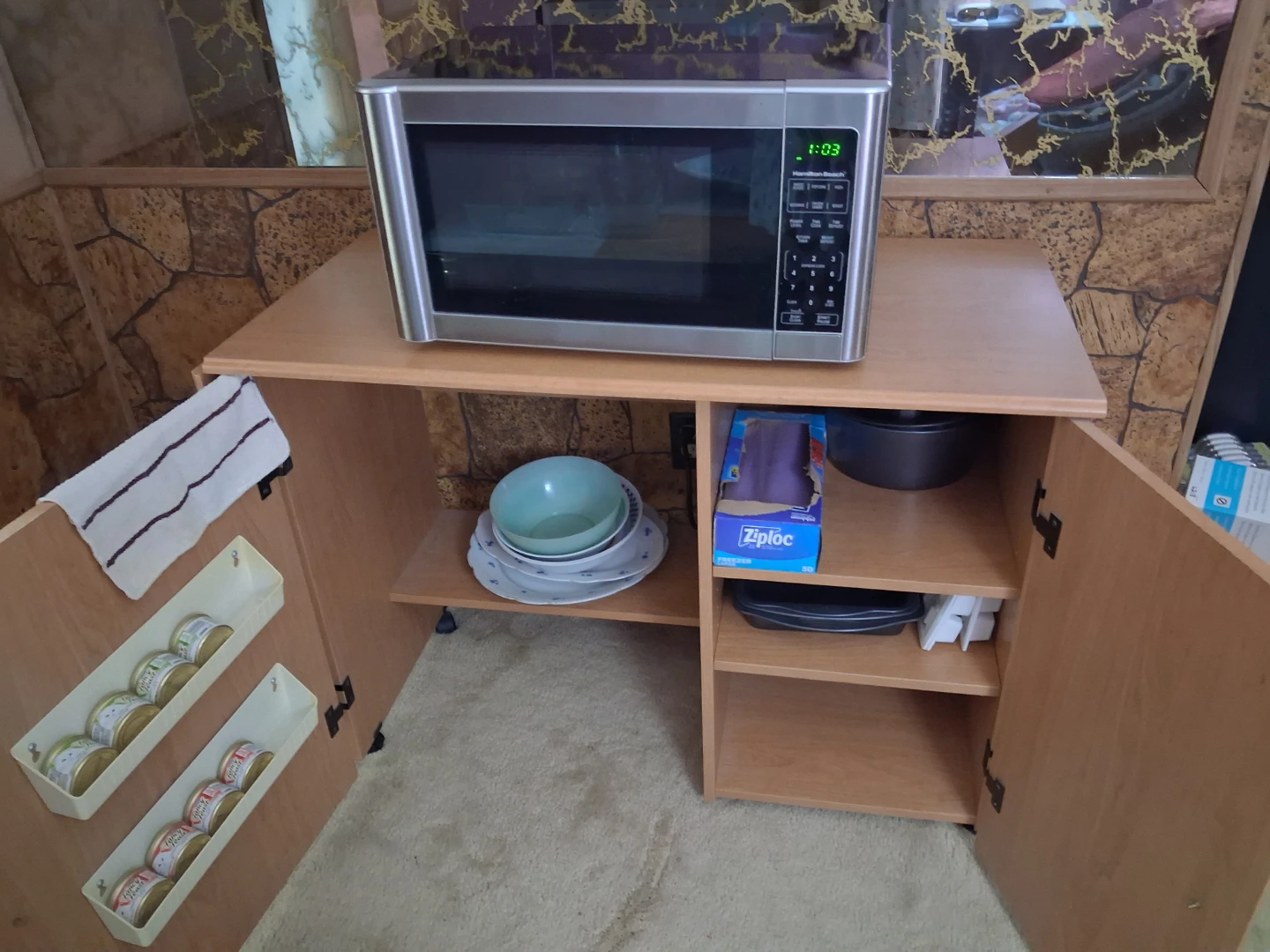 Light Wood Kitchen Cart with Doors