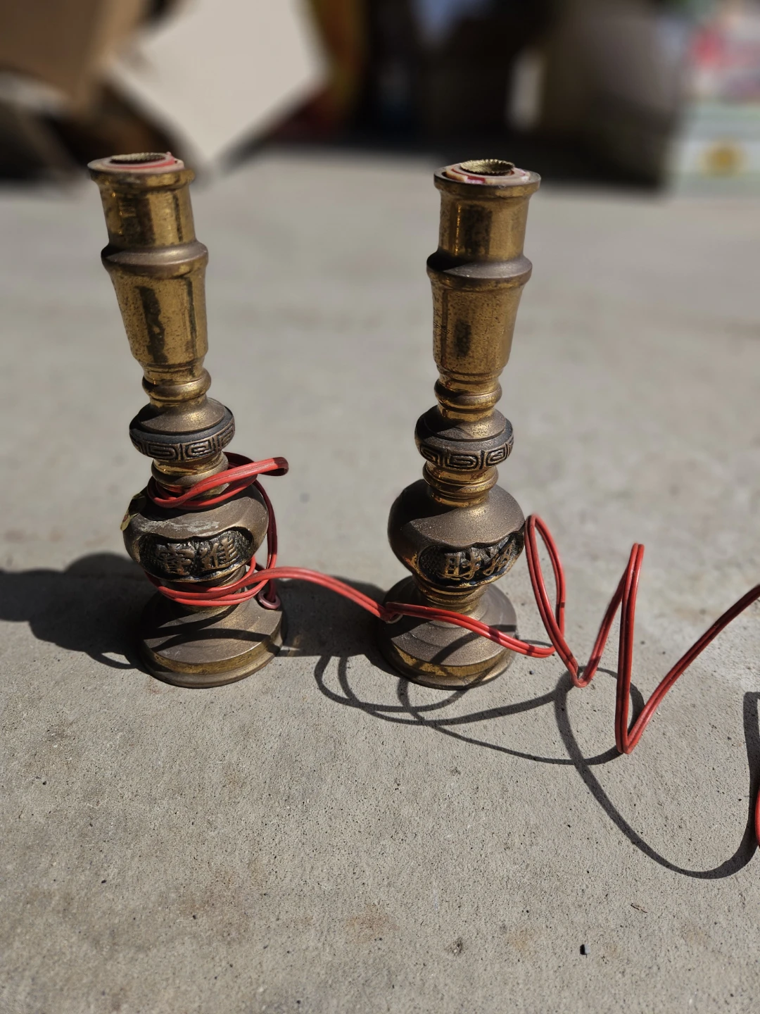 Vintage Brass Candlestick Holders with Red Wire (Set of 2)