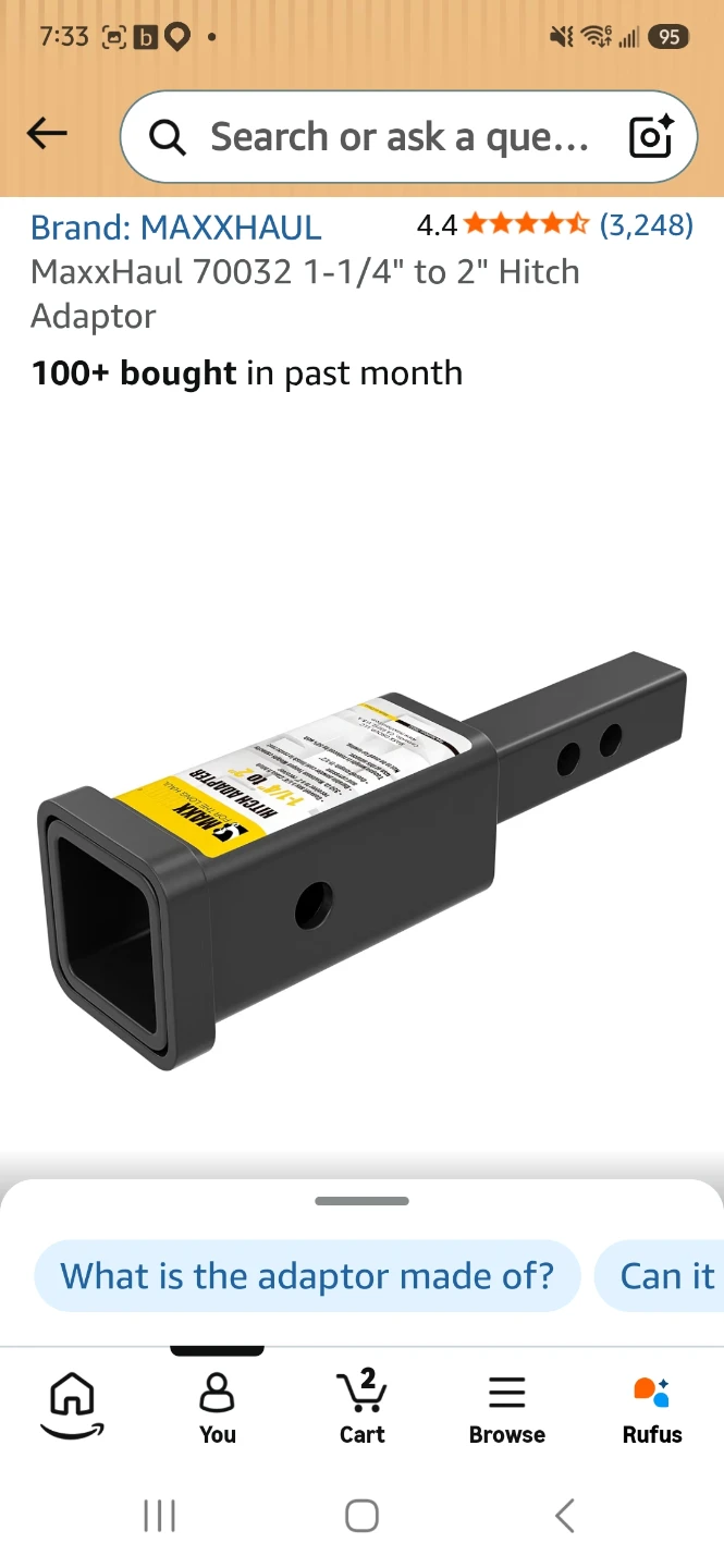 MaxxHaul 1-1/4" to 2" Hitch Receiver Adapter