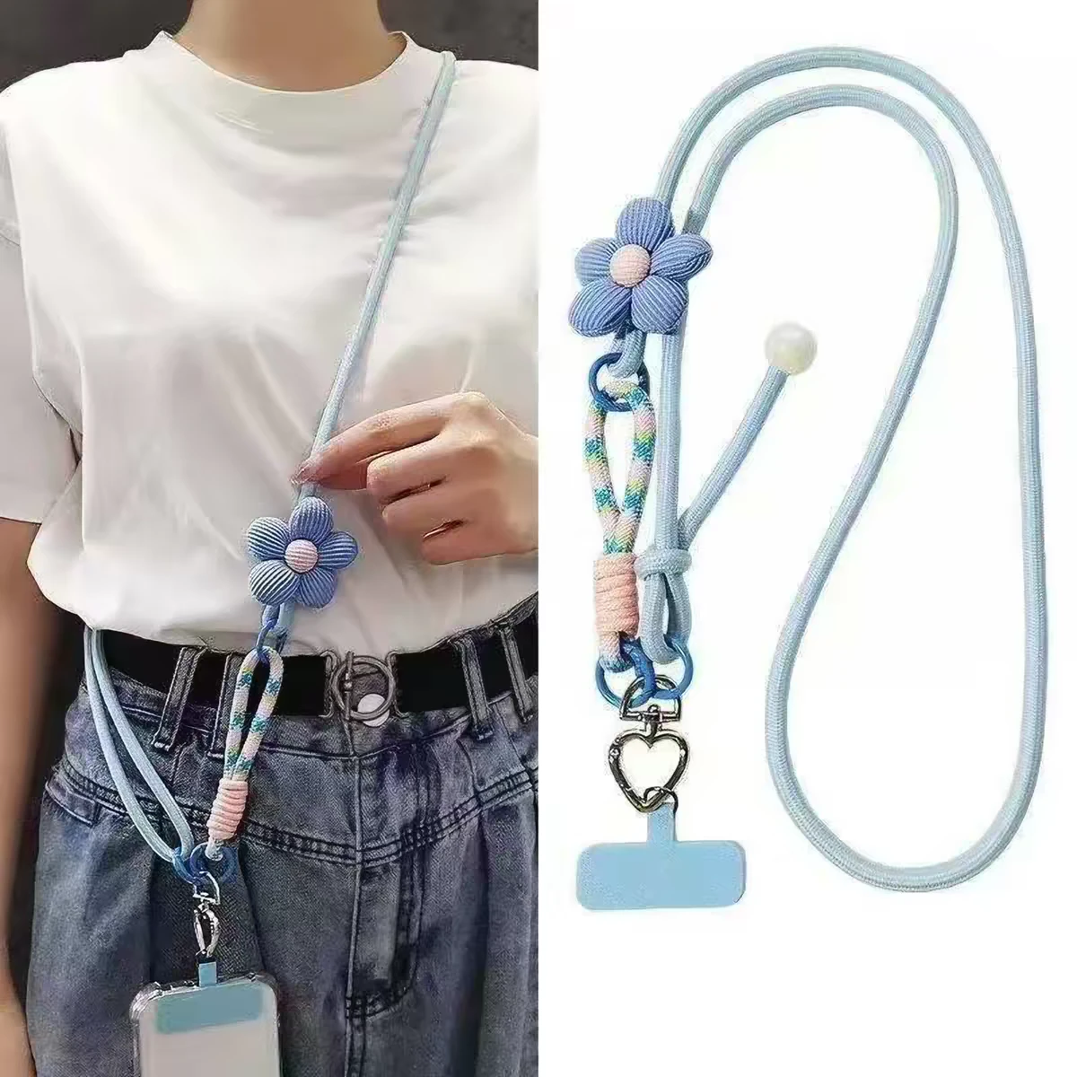 Blue Flower Beaded Phone Lanyard