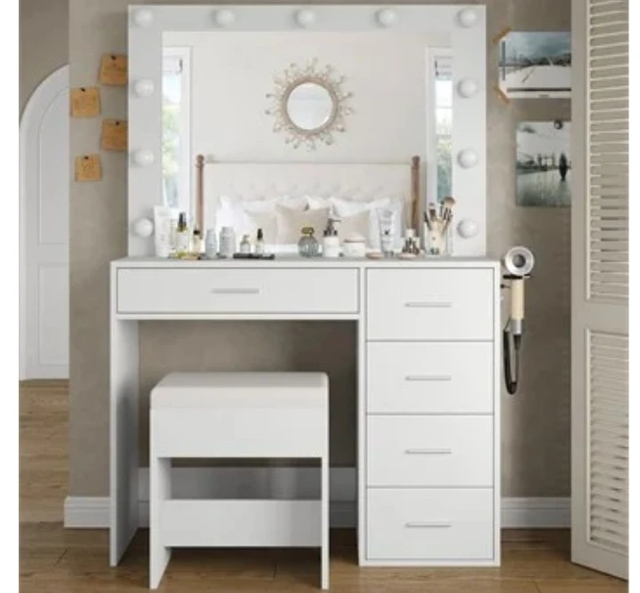 Vanity Table with Lighted Mirror and Stool