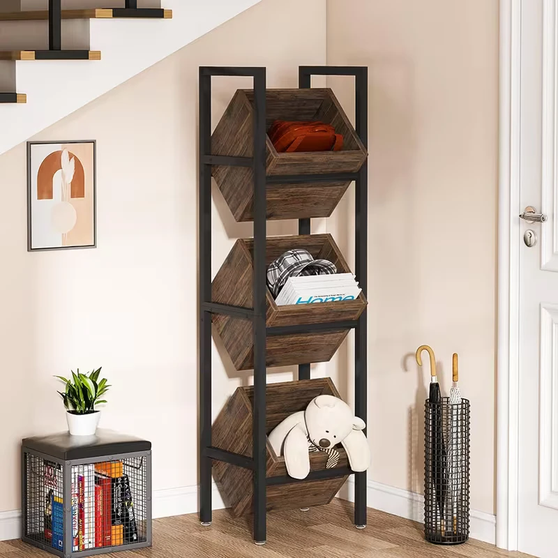 3-Level Wood Basket Rack Stand – Industrial Storage Shelf *new