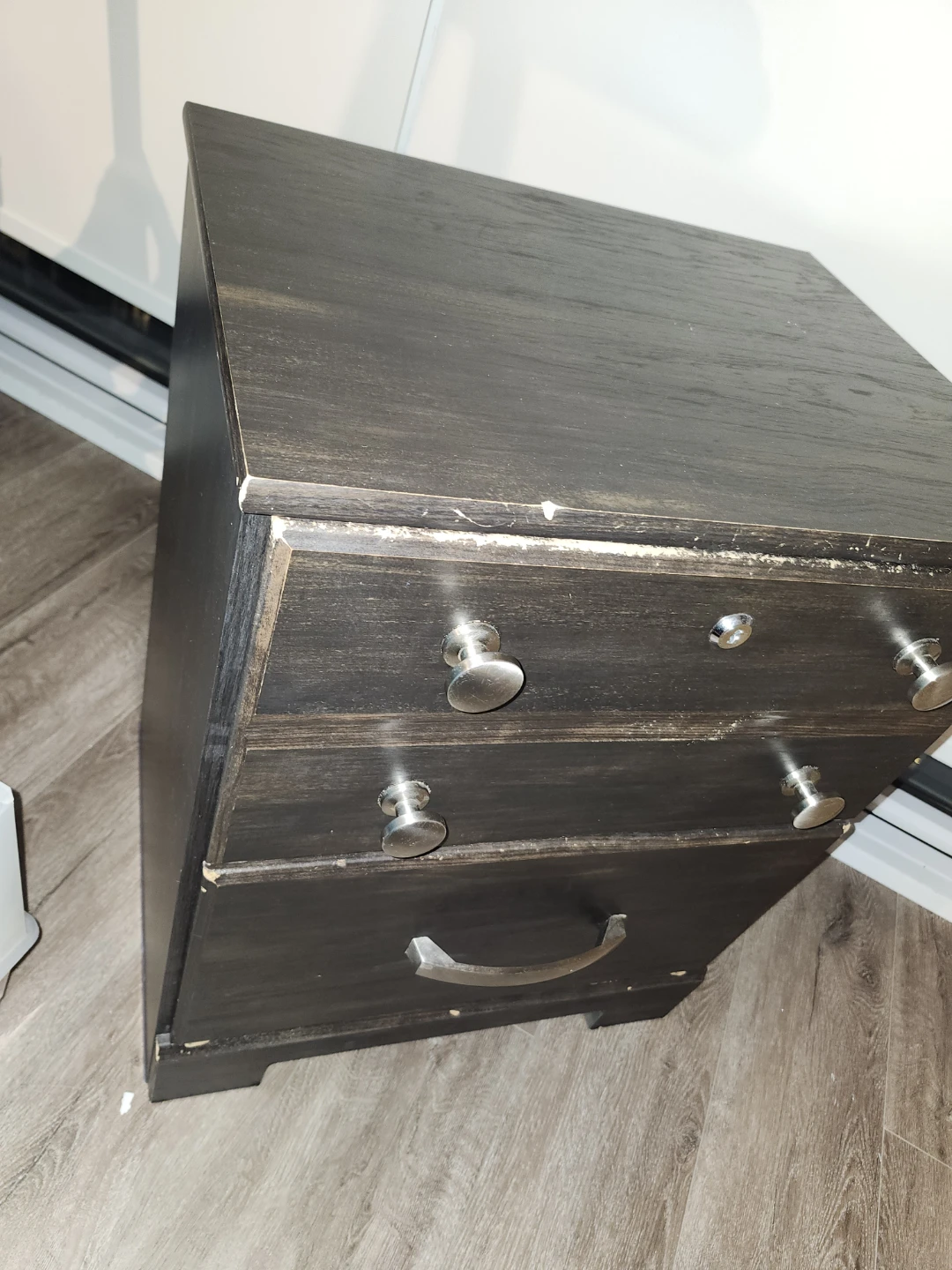 Dark brown wood grain two drawer nightstand
