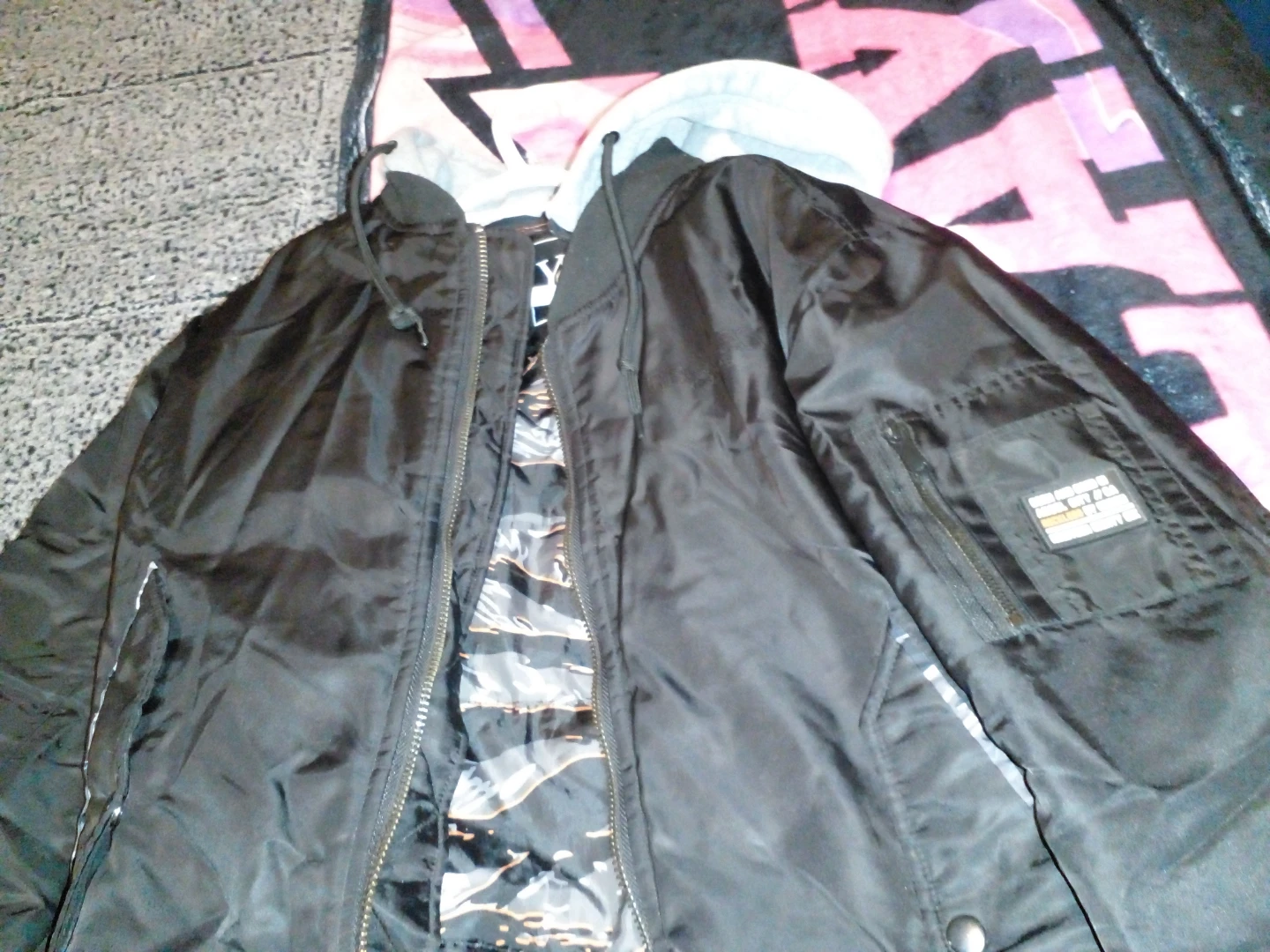 Black Bomber Jacket with Grey Hood