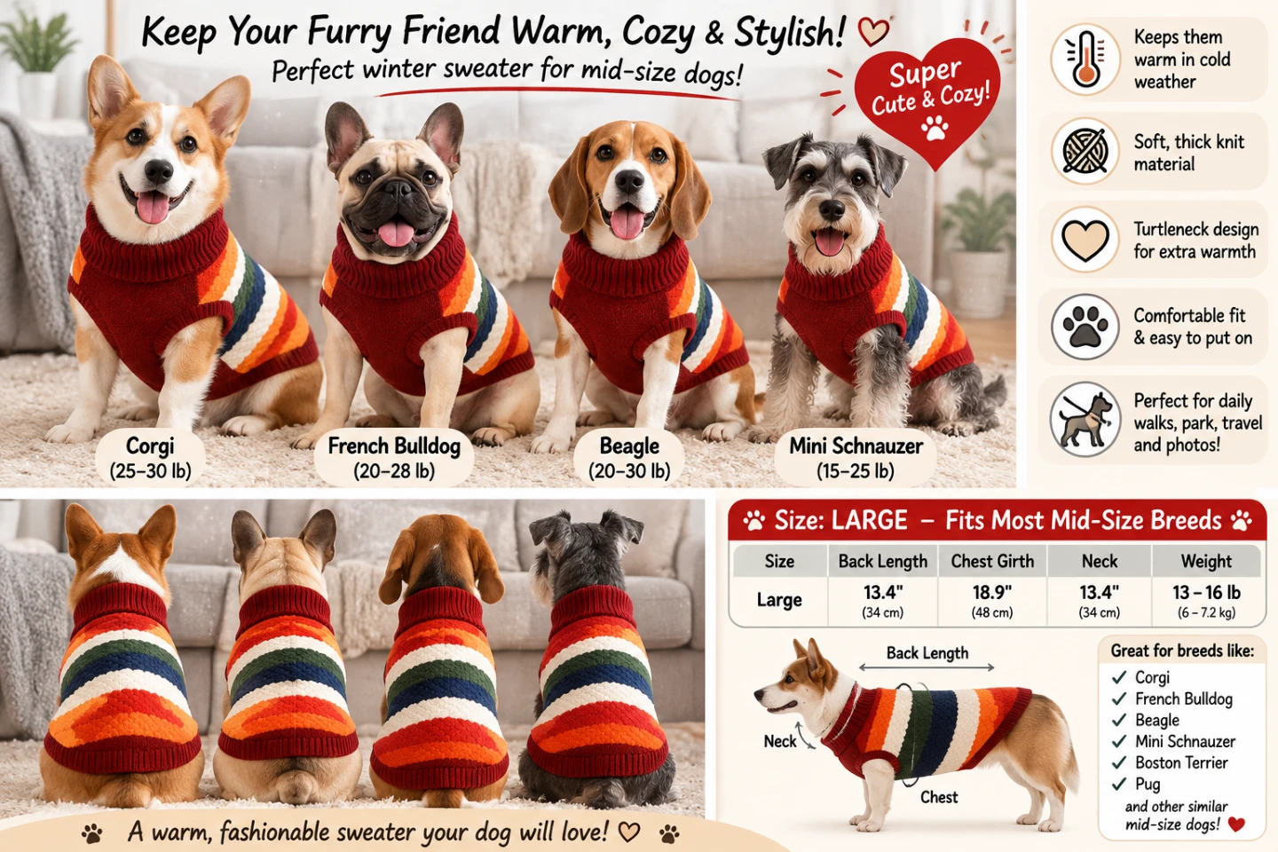 Brand New Kuoser Dog Sweater – Large mid size– Warm & Stylish