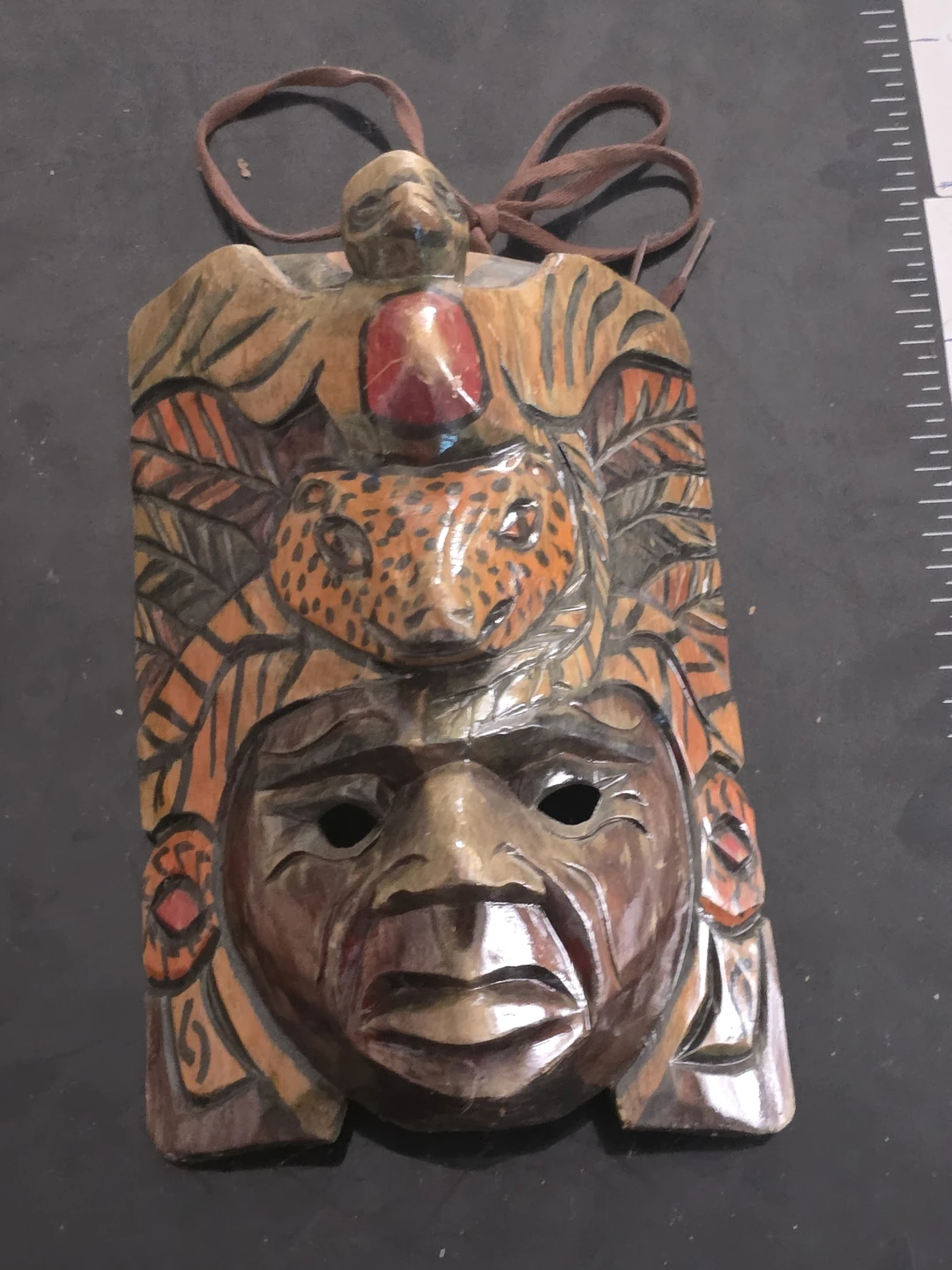 Hand Carved Wooden Mask with bird and Jaguar Detail
