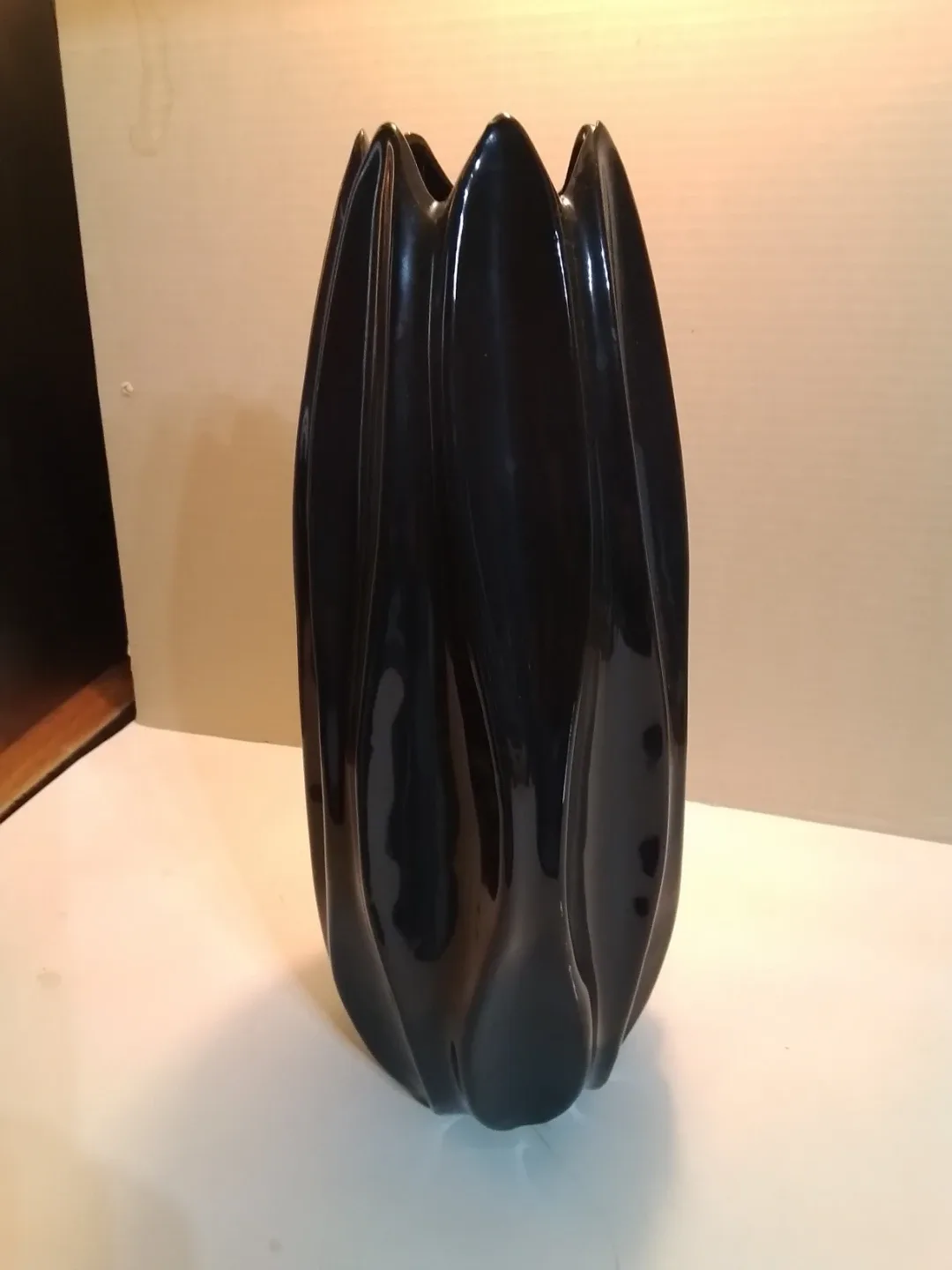 Vintage 1980s Postmodern Black Ceramic Fluted Tulip Vase
