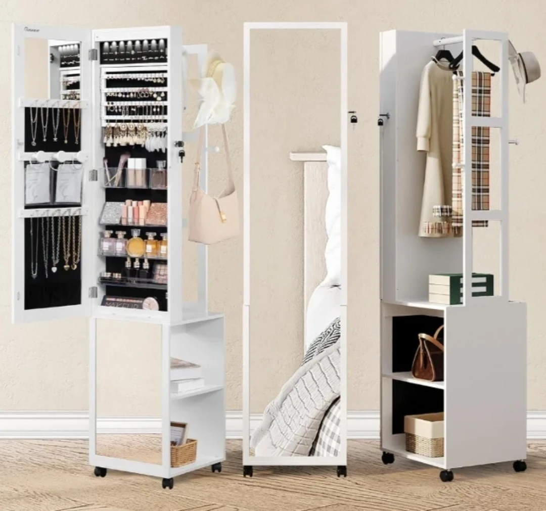 White Mirrored Jewelry Cabinet with LED Lights and Storage - photo 4