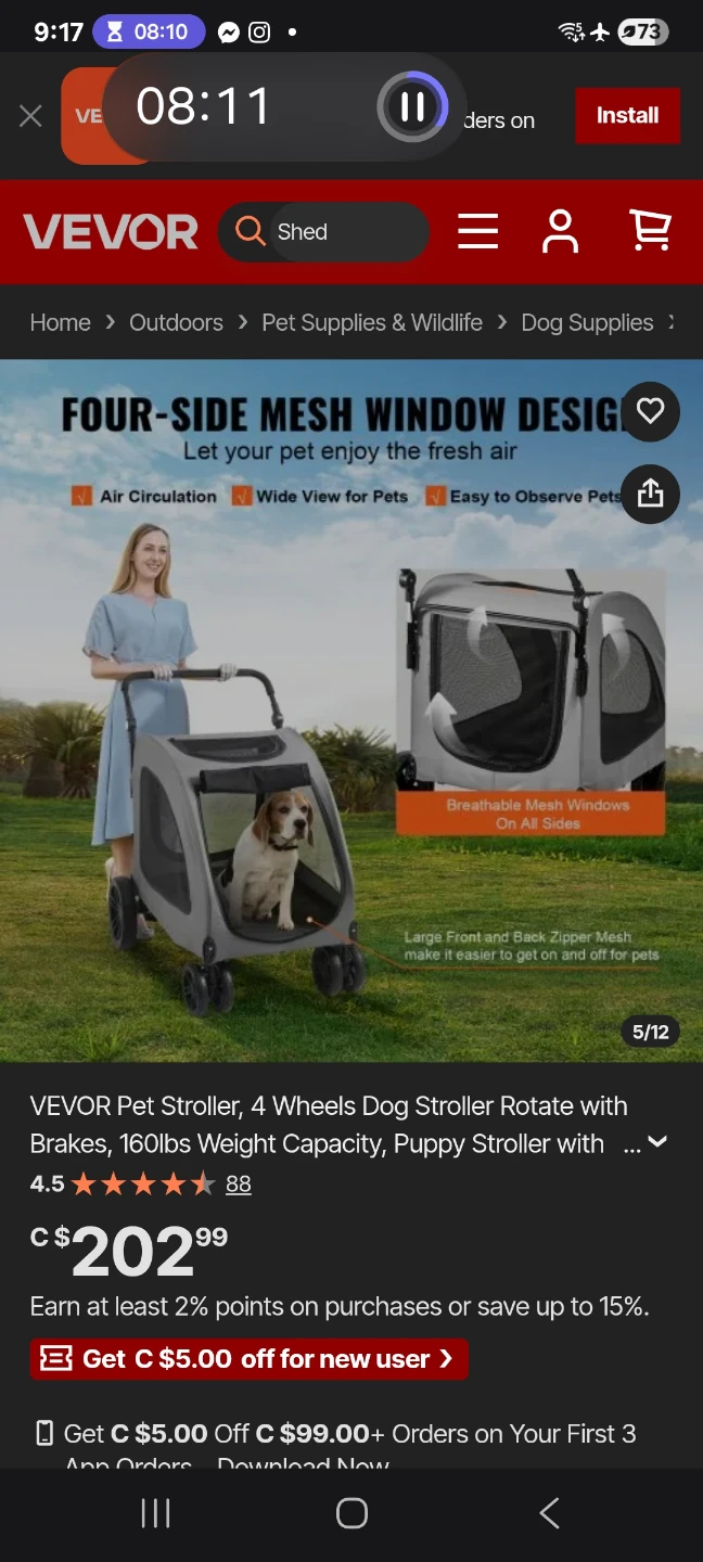 VEVOR Pet Stroller, 4-Wheel Brakes 160lbs - photo 4