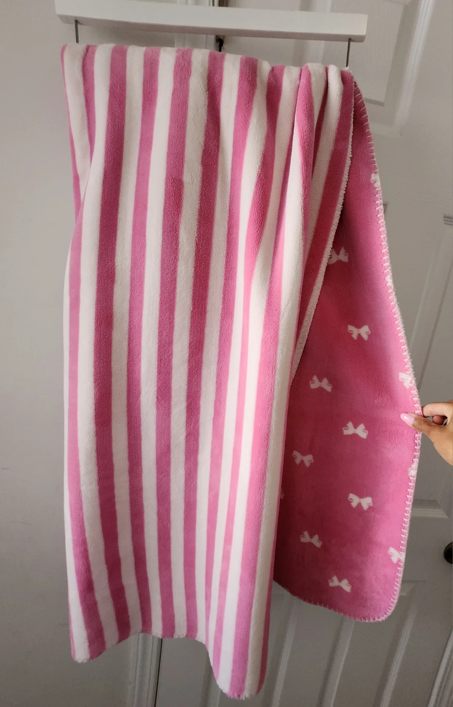 Pink and White Striped Plush Throw Blanket with Bows