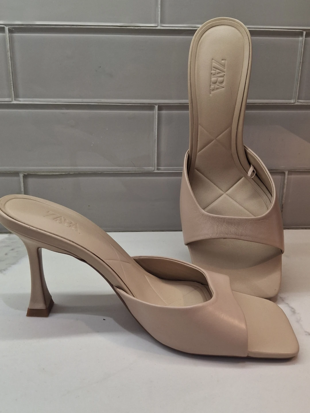 ZARA Beige Heeled Mules - Size 39