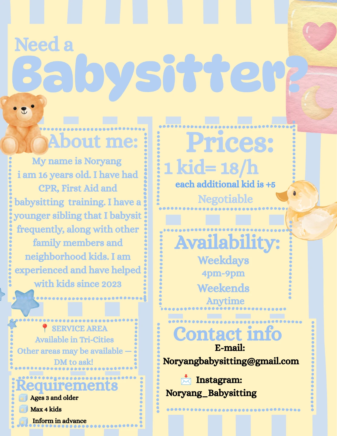Experienced Babysitter Available in Tri-Cities
