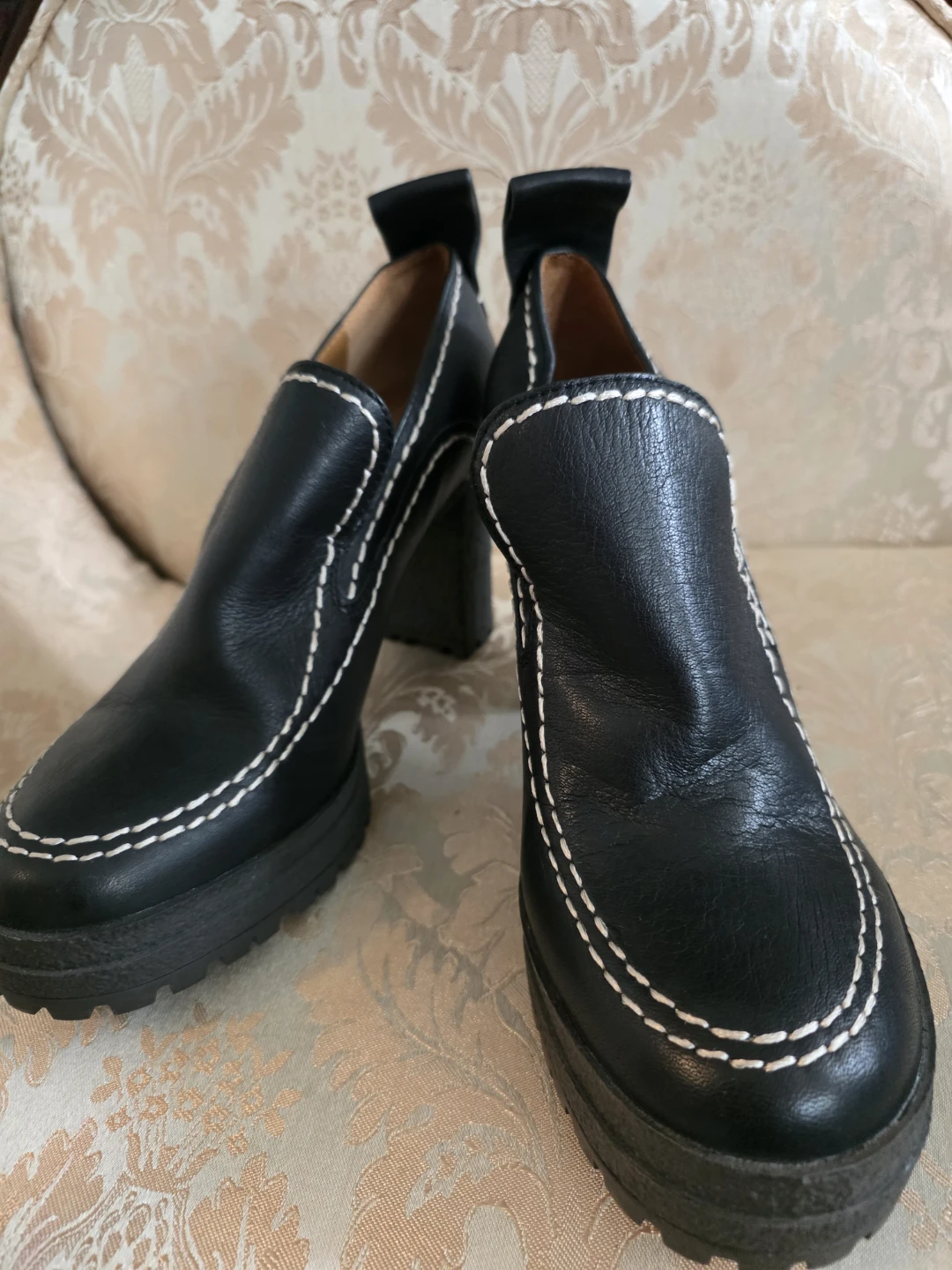 Black Leather Chunky Heel Chloe stitched  Loafers - photo 3