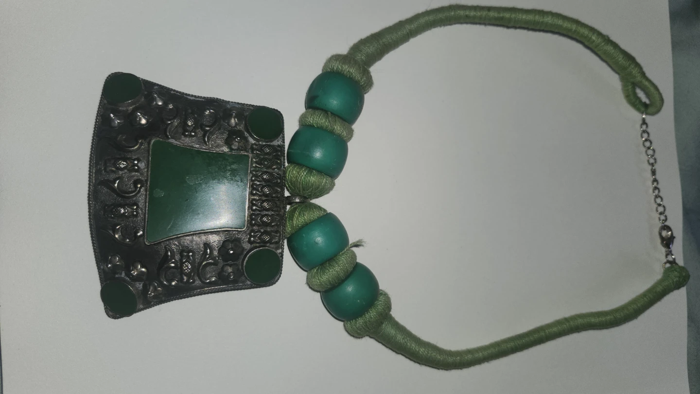 Green Beaded Necklace with Silver-Tone Pendant