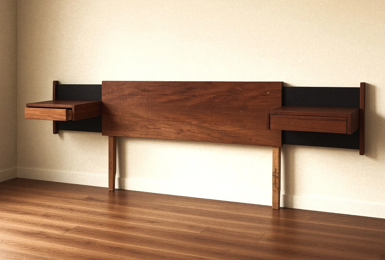 MCM Teak Full Size Headboard + Two Floating Nightstands - photo 2