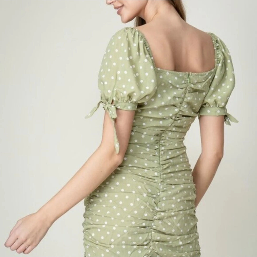 NWT Lumiere Sara Sage Green Polka Dot Ruched Mini Dress - photo 3