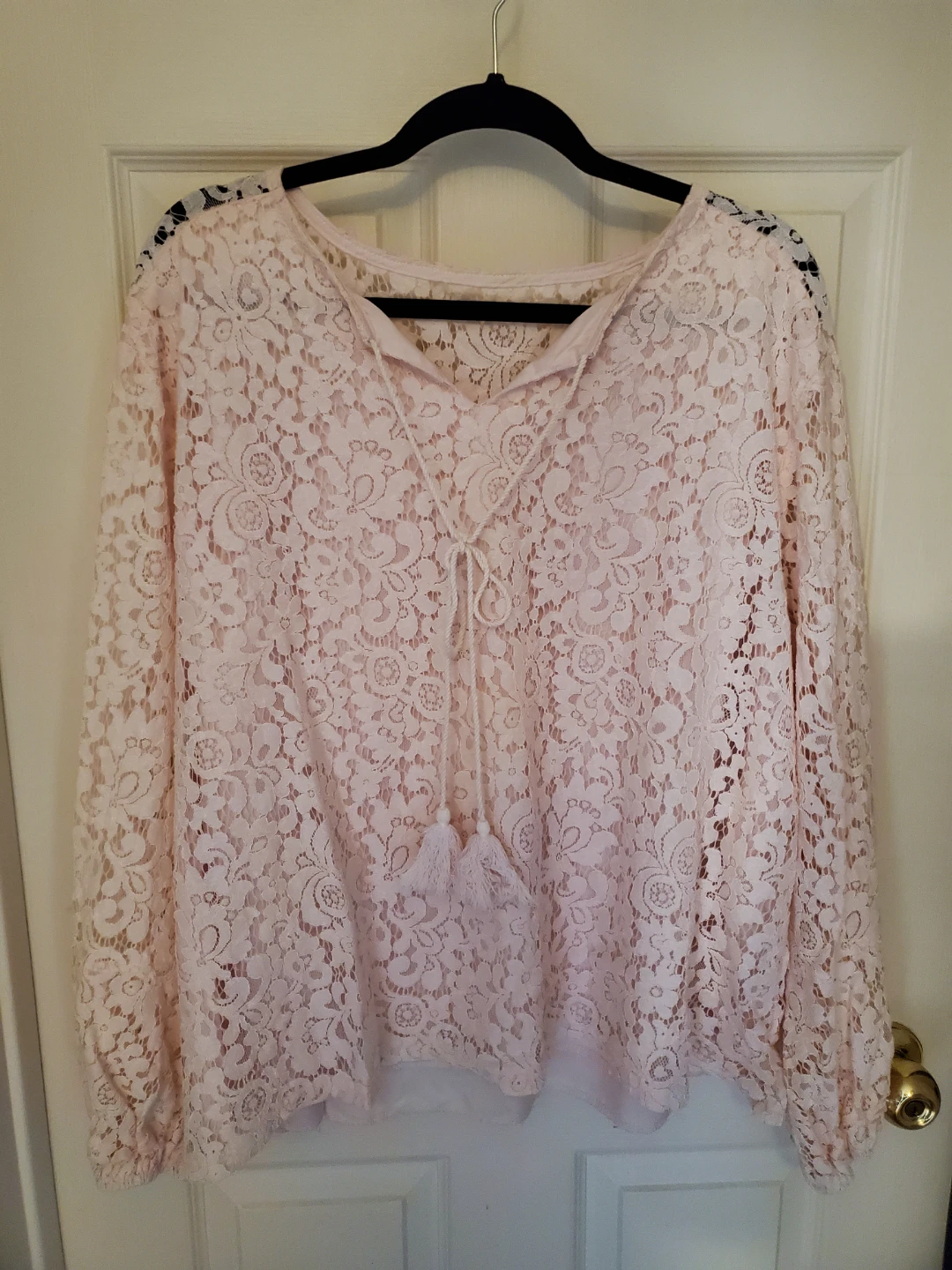 Plus Size Light Pink Lace Overlay Long Sleeve Peasant Top