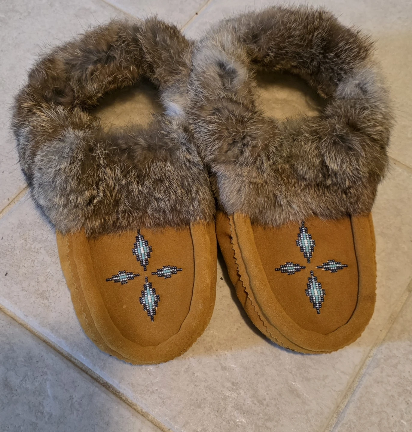 Leather suede Moccasin Slippers with Fur Trim and Beaded Detail