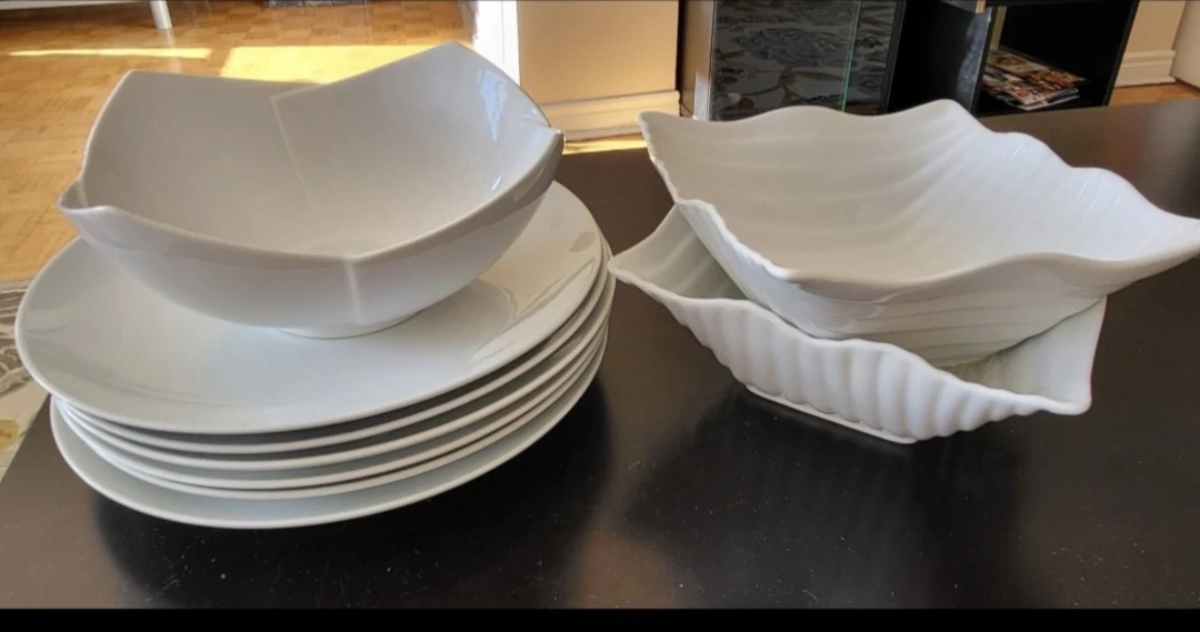 White Ceramic Serving Bowls and Plates Set