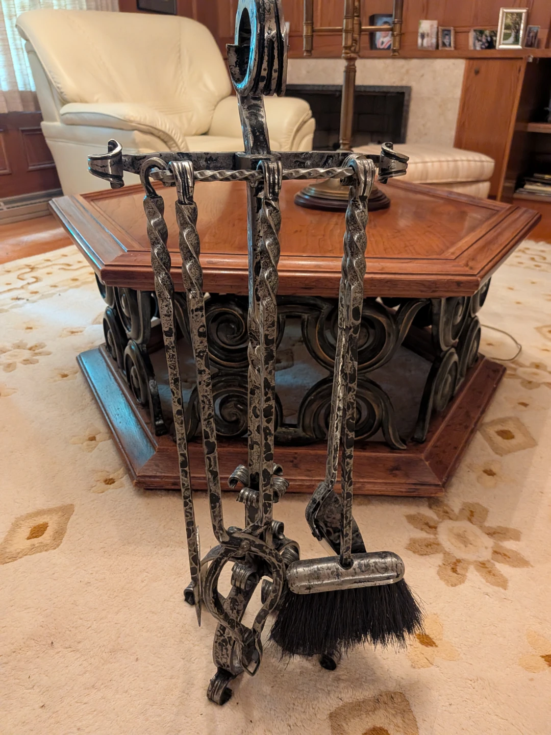 Antique Wrought Iron Fireplace Tool Set with Stand