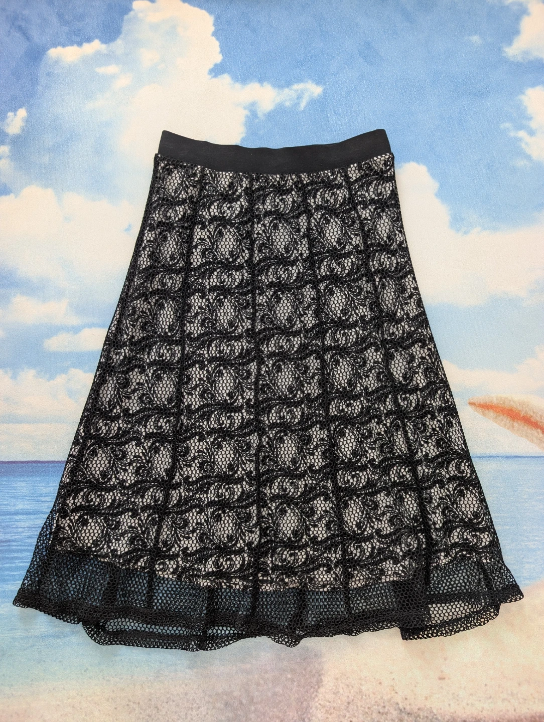 Lapis Black Lace A-Line Skirt with Fishnet Overlay Size S