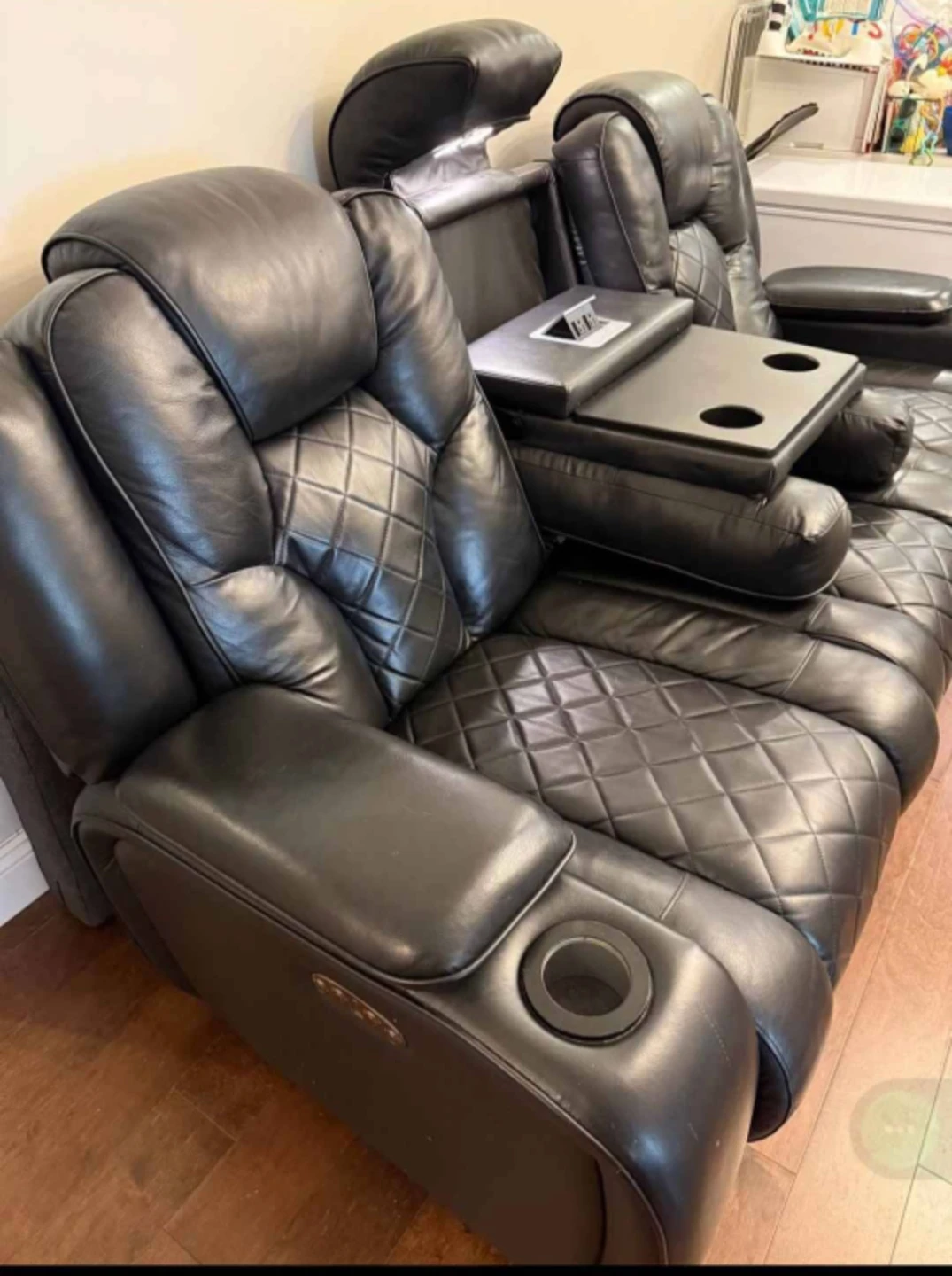 Black Leather Power Reclining Sofa with Cup Holders - photo 2