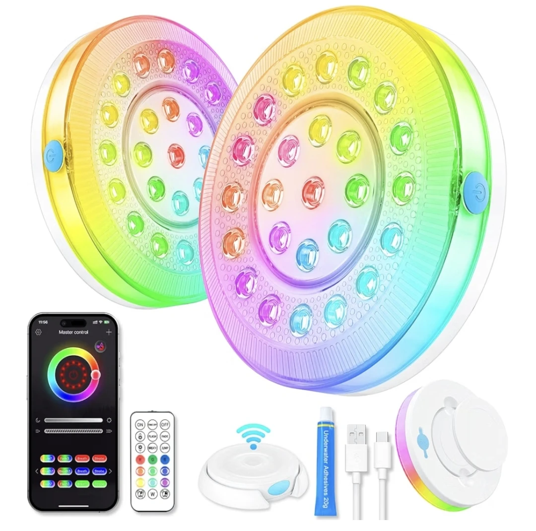 2 Pack Underwater LED Lights with Remote & App Control