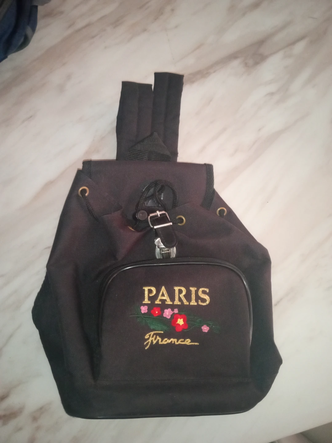 Black Paris France Embroidered Backpack