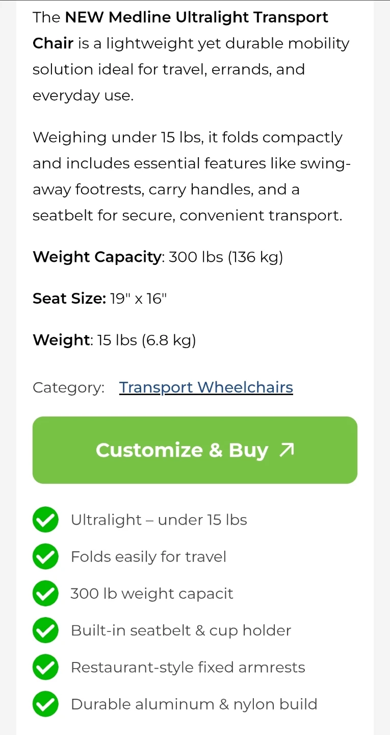 Medline Ultralight Transport Chair- Wheelchair - photo 3